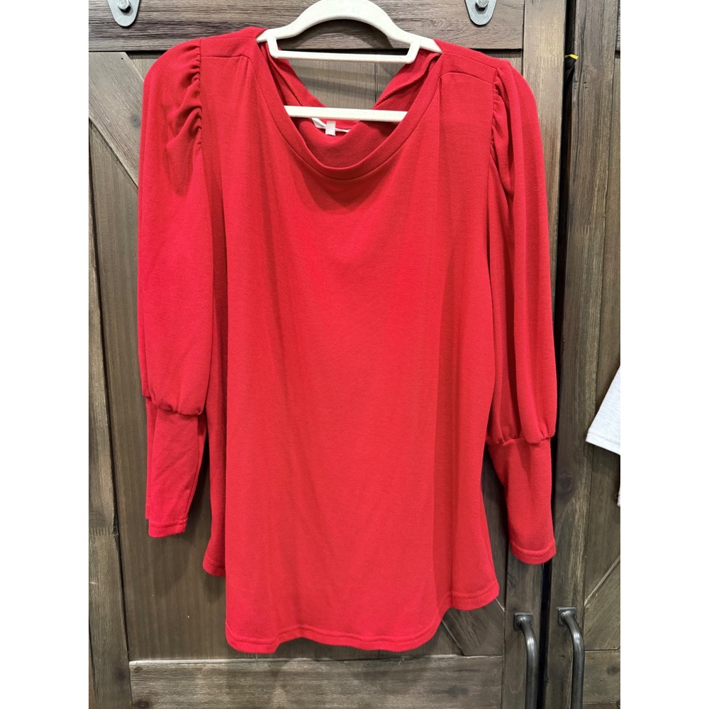 Amaryllis Red Puff Sleeve Knit Top Crew Neck Long Sleeve Blouse large - Picture 2 of 3